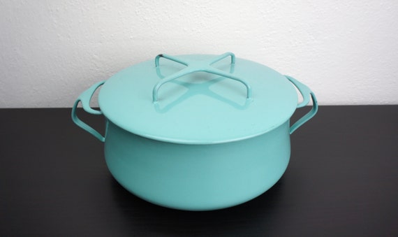 Vintage Dansk Medium 8.5 Inch 3.75 Qt Dutch Oven Turquoise Blue Enameled Steel Mid Century Enamelware, 1960s Denmark Jens Quistgaard 170099