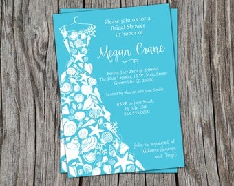 Beach Bridal Shower Invitations, Seashell Dress, Elegant Sea Shell, Printable or Printed
