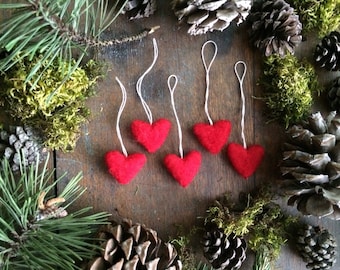 Felted wool heart ornaments, set of 5, Red, for Christmas tree decoration, Valentine's Day gift, wool felt red heart decor, wedding favor