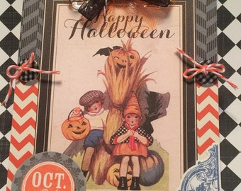 Halloween Card, Vintage Style Halloween, Greeting Card, Handmade Halloween Card, Black Cat, Shabby Card