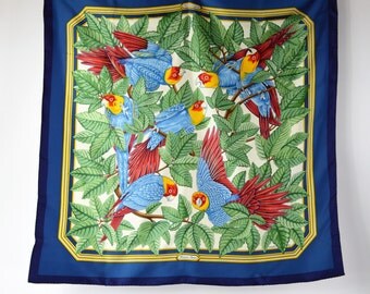 1980s Hermes Scarf Les Perroquets by Joachim Metz Blue and Green Twill Weave Silk Hand Rolled Hems Extremely Nice Condition 35" Square