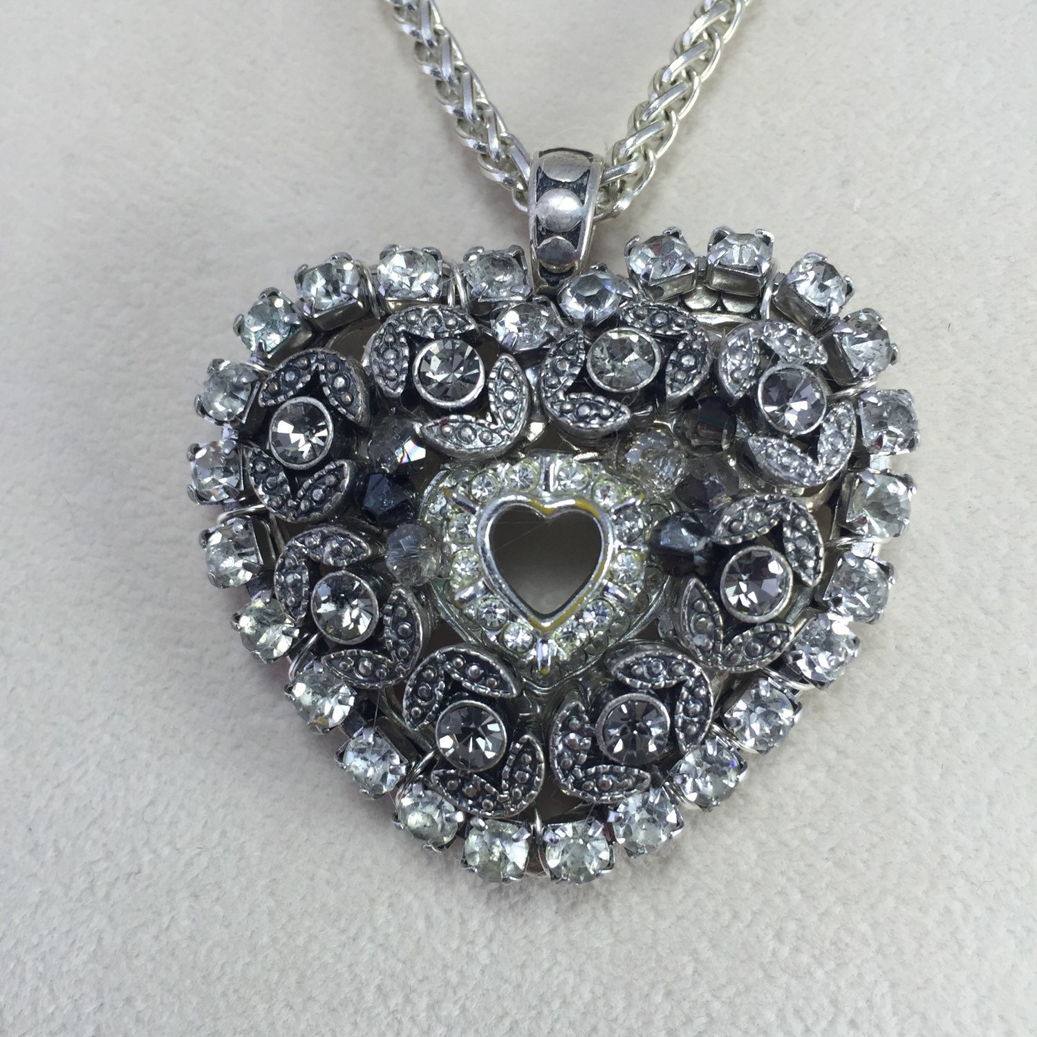 Large Rhinestone Heart Pendant Silvertone Heart Necklace