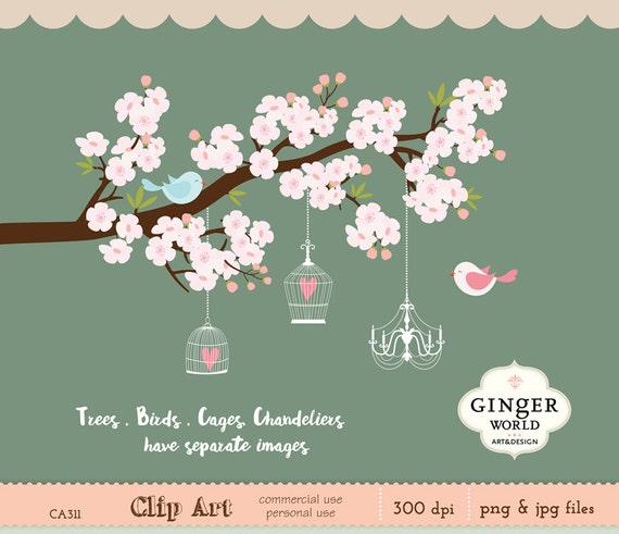 flower tree with birdcage clip art, wedding clip art, blossom flower clip art, cherry flower clip art, sakura clip art
