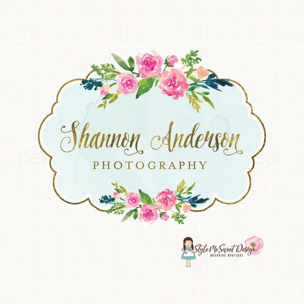 watercolor flower logo with frame premade logo design