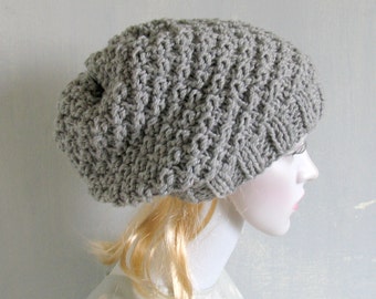 Womens Hat Slouchy Beanie Slouch Hats Oversized Baggy cabled womens accessory GREY Hand Made Slouchy Beanie Women Knit Hat Chemo Headwear