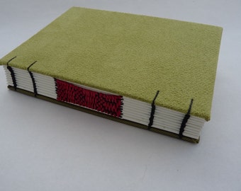 Lime green, journal, Coptic, A6, woven spine, notebook, blank book, faux suede