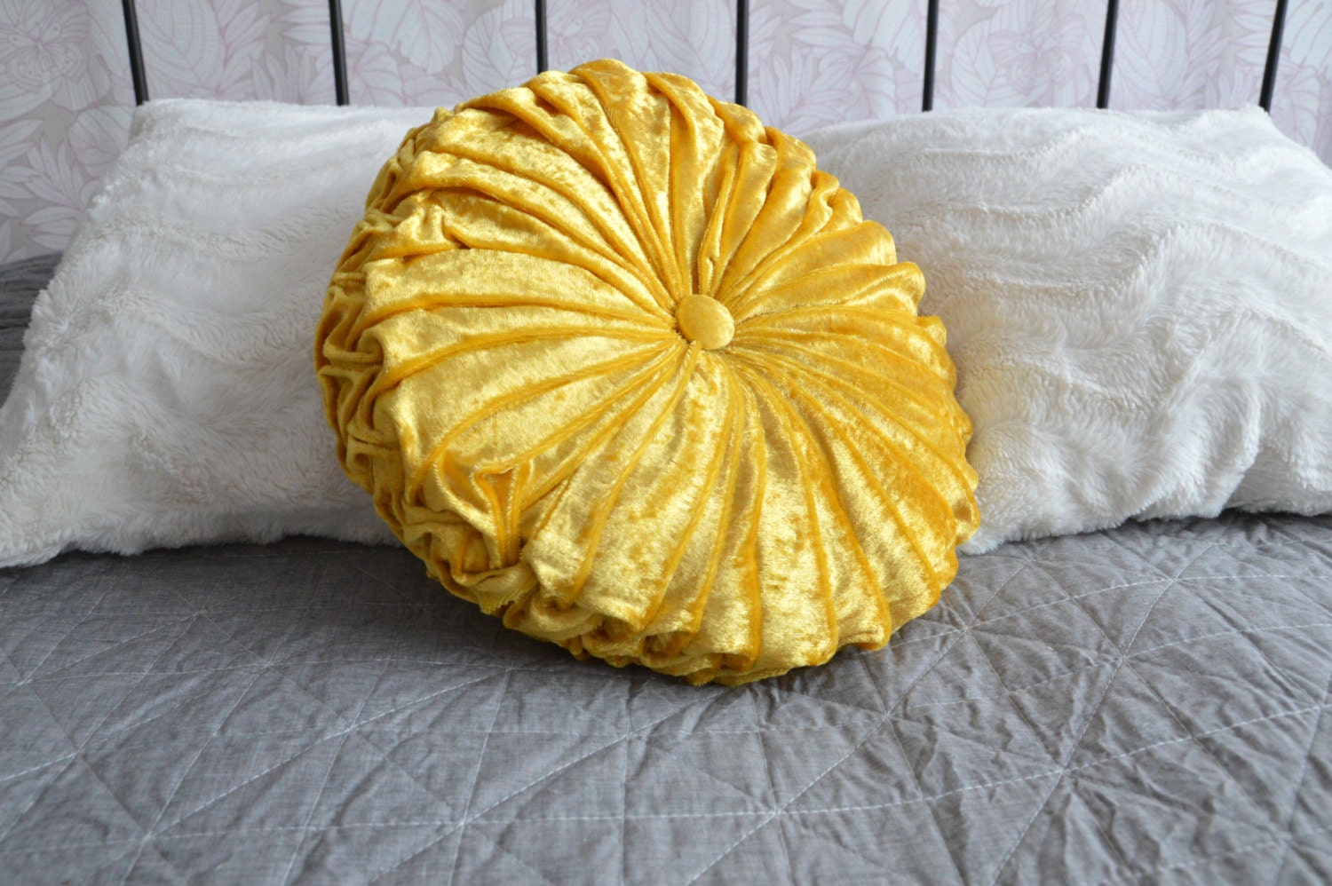 Handmade Velvet Round Pillow Pintuck Decorative Yellow