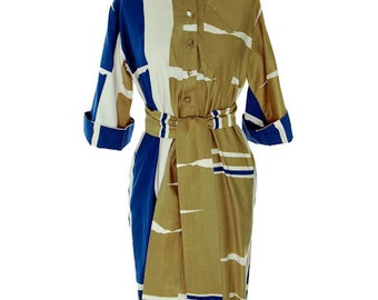 Vintage Catherine Ogust /Penthouse Gallery Shirt Dress Abstract Blue/ Taupe 1970s