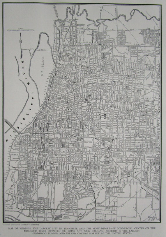 MEMPHIS Map. 1945 TN City Street Map. Black by OriginalAntiqueMaps