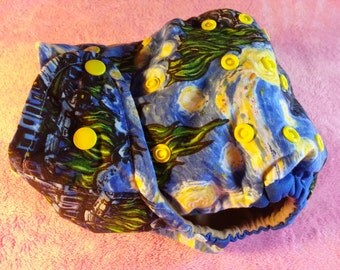 SassyCloth one size pocket diaper with Starry night cotton print. Made to order.