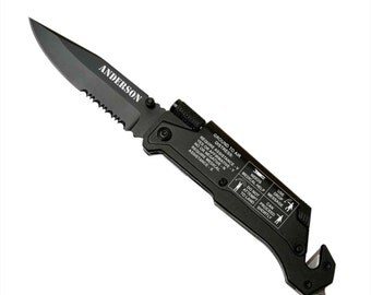 Engraved Survival Rescue Knife - Ground to Air Distress Signals - Knife with Flashlight & Firestarter - Groomsman Engraved Knife