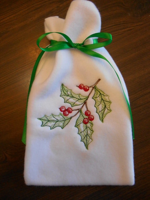 Gift Bag Embroidered Holly Leaves Fleece by LoonMtEmbroidnCrafts