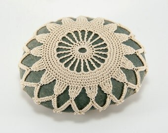 crochet covered rock, crochet lace stone, beach wedding decor, table decor, ecru thread, bowl element, paperweight, fiber art object