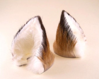 Small Fox Brown White Black Long Fur Ear Rims Leather Fox Ears Kitsune Cosplay Furry Goth Fantasy LARP Costume Pet Play