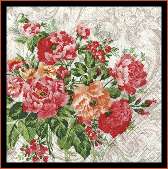 Red floral paper napkins tissue paper for decoupage or
