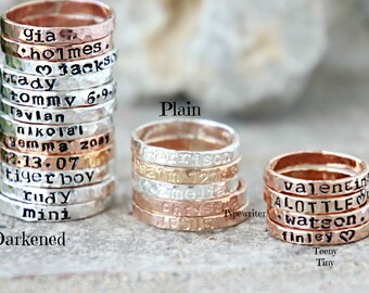 Hand Stamped Stacking Rings - Personalized Gold, fine silver, rose gold hammered rings -kids name rings - organic rings - hand stamped rings