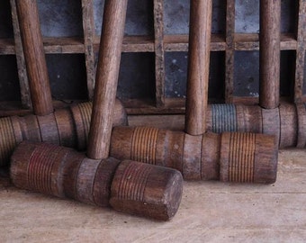 Antique Croquet Mallets, Lawn Games, Folk Art, Primitive Farmhouse Antique Decor