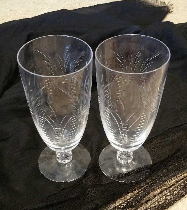 Crystal Etched Parfait Glasses Wheat and Dot Pattern Vintage