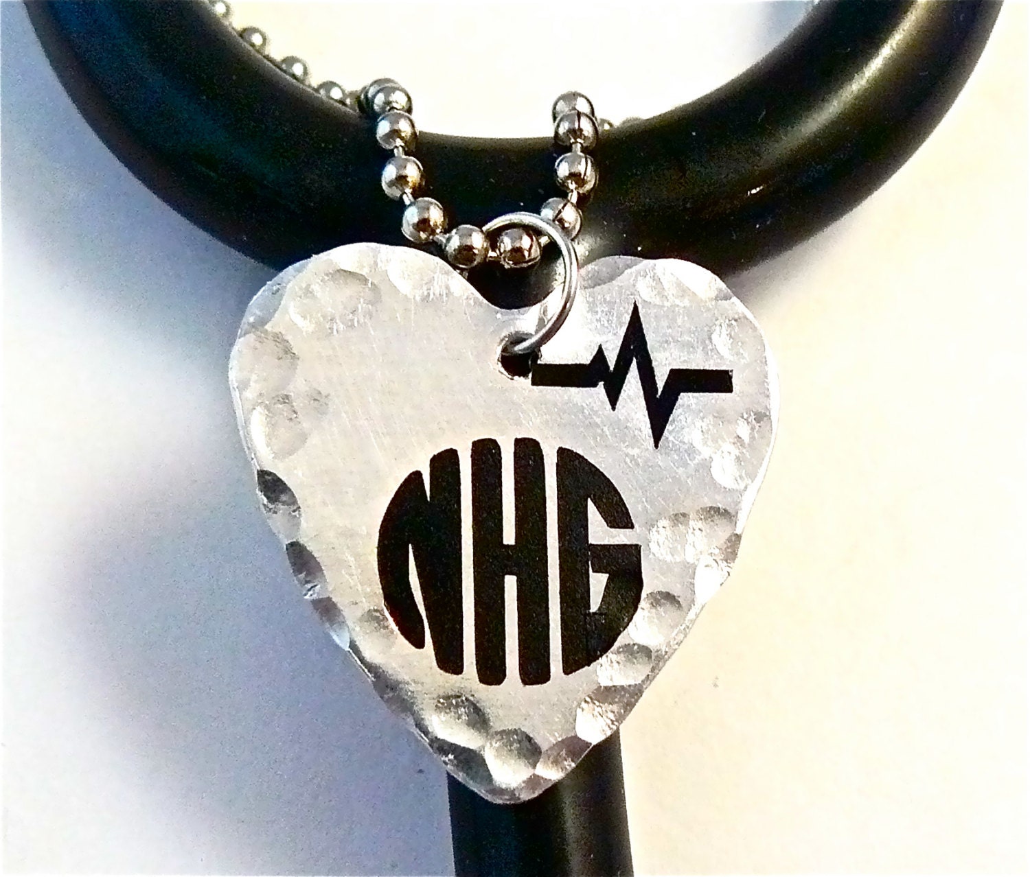Stethoscope ID tag charmStethoscope ID heart hammered charm