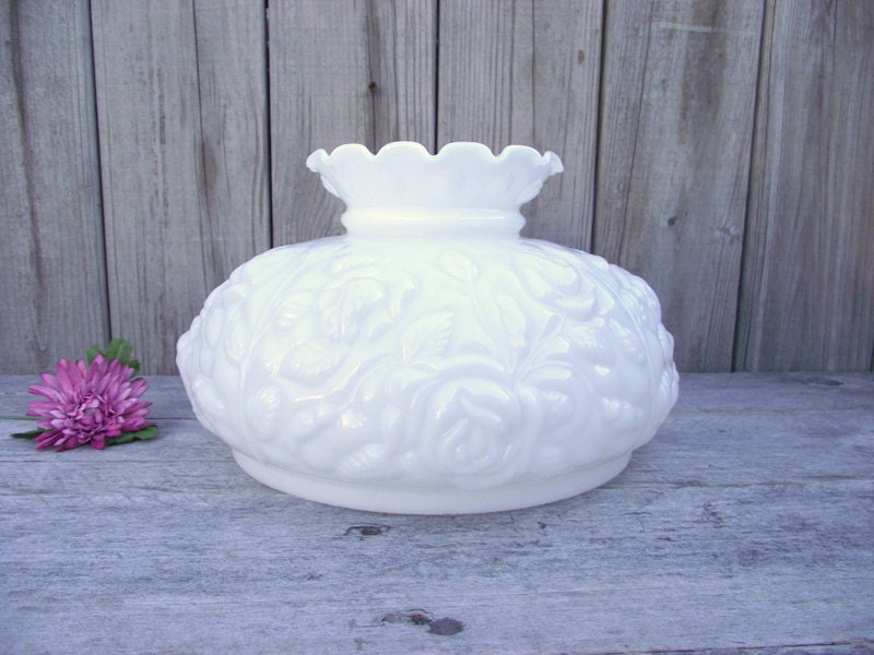 Antique MILK GLASS Fenton Embossed Roses Parlor Lamp SHADE