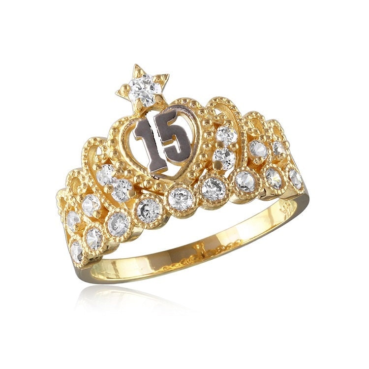 14K Gold and CZ Sweet 15 Crown Ring Yellow Gold Quinceañera