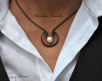 Mens Leather Necklace - Leather and Pearls for Men - Unisex Jewelry - Mens Jewelry - Pearl and Leather Jewelry for Men - Mens Necklace