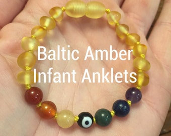 RAINBOW EVIL EYE Baltic Amber Infant Anklet, Baltic Amber Anklet, Teething Jewelry, Amber Anklet