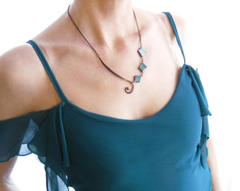Statement necklaces, stained glass necklace, artistic jewelry, gift for her, contemporary turquoise bohemian jewelry, wire necklace