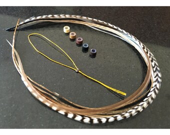 Feather hair extension kit: 5 natural bonded rooster feathers with 5 hair crimps and hair threader. Natural mixed colors. Versatile!