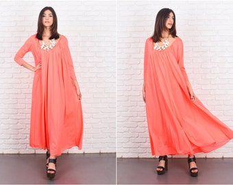 Vintage 60s LUCIE ANN Gown Nightgown Coral Sweep Maxi 3/4 Slv Medium M 7188
