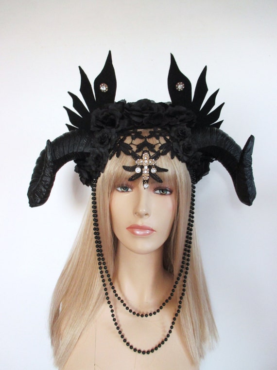 Black Gold Gothic Ram Horn Headdress Fantasy Ram Horned Wings