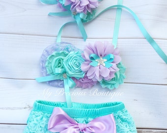 Under the sea birthday outfit, lavender and aqua, lilac and aqua, diaper cover and headband, under the sea cake smash, mermaid party