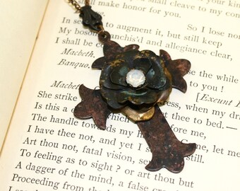 Boho Cross Necklace, Rusty Cross necklace, Rustic metal jewelry, Dark patina necklace, Dark patina jewelry