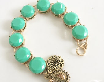 Mint Green Statement Bracelet Bridesmaid Gift Mint and Gold Round Beaded Bracelet