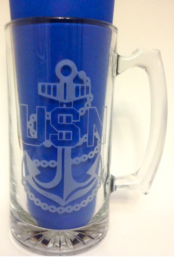 Glass Etched beer mug personalized with Navy Chief Anchor
