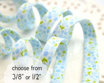 delicate blue flowers on white - double fold, bias tape - 3 yards, CHOOSE 3/8" or 1/2" wide