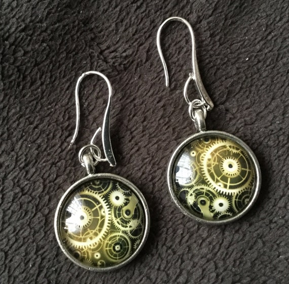 Steampunk Gears 20 mm Cabochon Dangle Earrings by thecurioddityshop steampunk buy now online