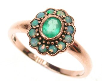 Rose Gold Emerald Ring, 9ct 9k 14k 18k Solid Gold, Vintage Opal Ring, Victorian Emerald Opal Ring -Also Avail in Various Gems- Custom, R179