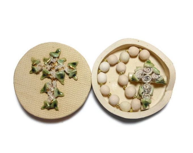 FREE SHIPPING Vintage chaplet with matching handmade ceramic box, glazed ornate cross, handmade ceramic chaplet, smaller version cross