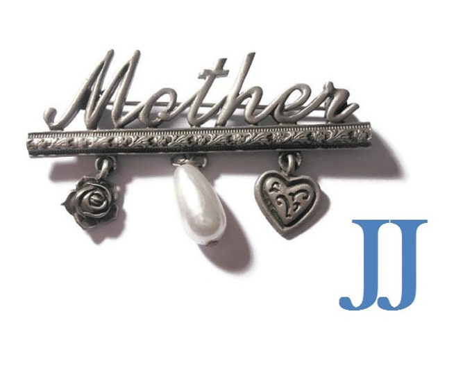 FREE SHIPPING Mother brooch pin, rare Spoontiques JJ Jonette Jewelry signed Mother pin with heart, flower and faux pearl in pewter