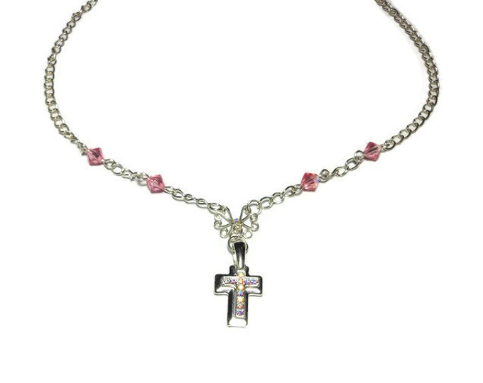 Swarovski cross necklace, handmade Aurora Borealis crystals double cross, AB filigree center and Swarovski pink crystal beads, silver plated