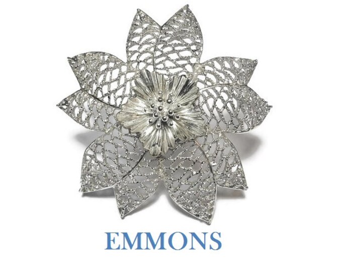 Emmons large floral brooch, 1960s statement piece, filigree open work petals, interior fluted petals encircle stamen, great wedding pin
