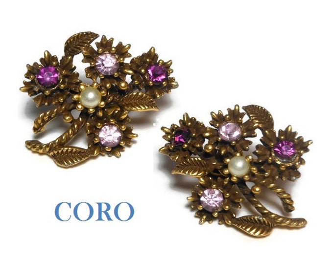 Coro floral earrings, light and dark colored amethyst rhinestone and white seed pearl flower bouquet clip-on 1950s, show stoppers, gold tone