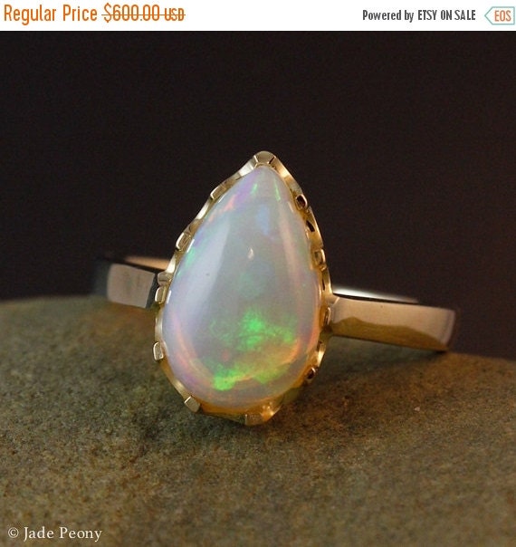 SPRING SALE 10 KT Gold Solid White Opal Ring by jadepeony on Etsy