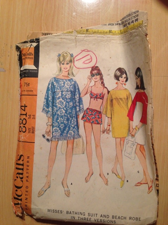Misses Bathing Suit and Beach Robe McCalls Sewing Pattern 8814 60s Size 14