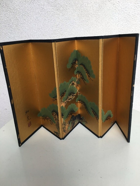 Vintage mini Japanese gold green silk paper screen by NelandAda