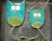 Nursery Decor Owl Brothers Family Ornament Woodland Ceramic Wall Art Pottery Aqua and Green - Set of 2