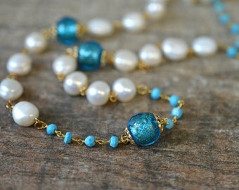 White Baroque pearl necklace Turquoise necklace Long beaded rosary chain necklace Venetian Murano glass necklace