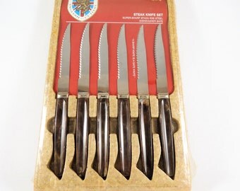 Vintage Steak Knife Set, New In Box Sheffield Stainless Steel English Cutlery 1970s Set Of 6 Regent Sheffield Steak Knives, Made in England