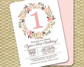 1st Birthday Invitation Girl Baby Girl Pink Watercolor Floral Printable Invitation Kids Birthday Any Age